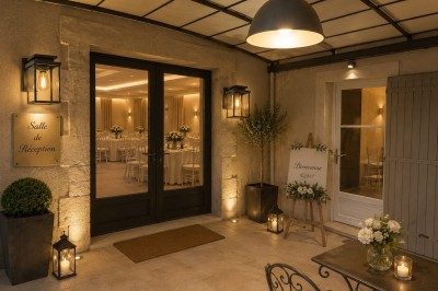 Salle avec parquet, tables basses, fauteuils en cuir sombre, comptoir rouge au fond et ambiance tamisée.