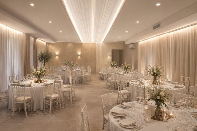 Salle avec parquet, tables basses, fauteuils en cuir sombre, comptoir rouge au fond et ambiance tamisée.