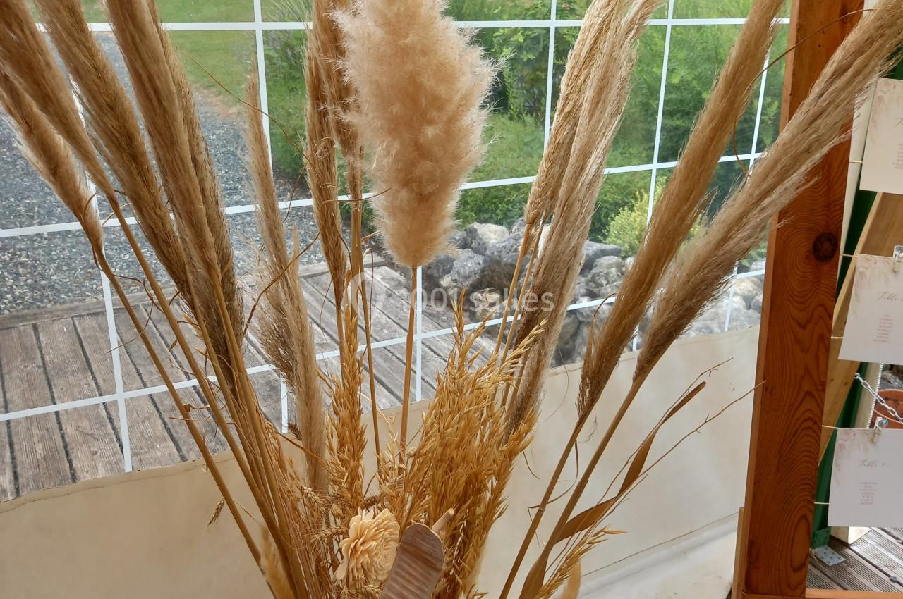 Composition de fleurs séchées avec des herbes de la pampa dans un vase, placée devant une baie vitrée donnant sur un jardin.