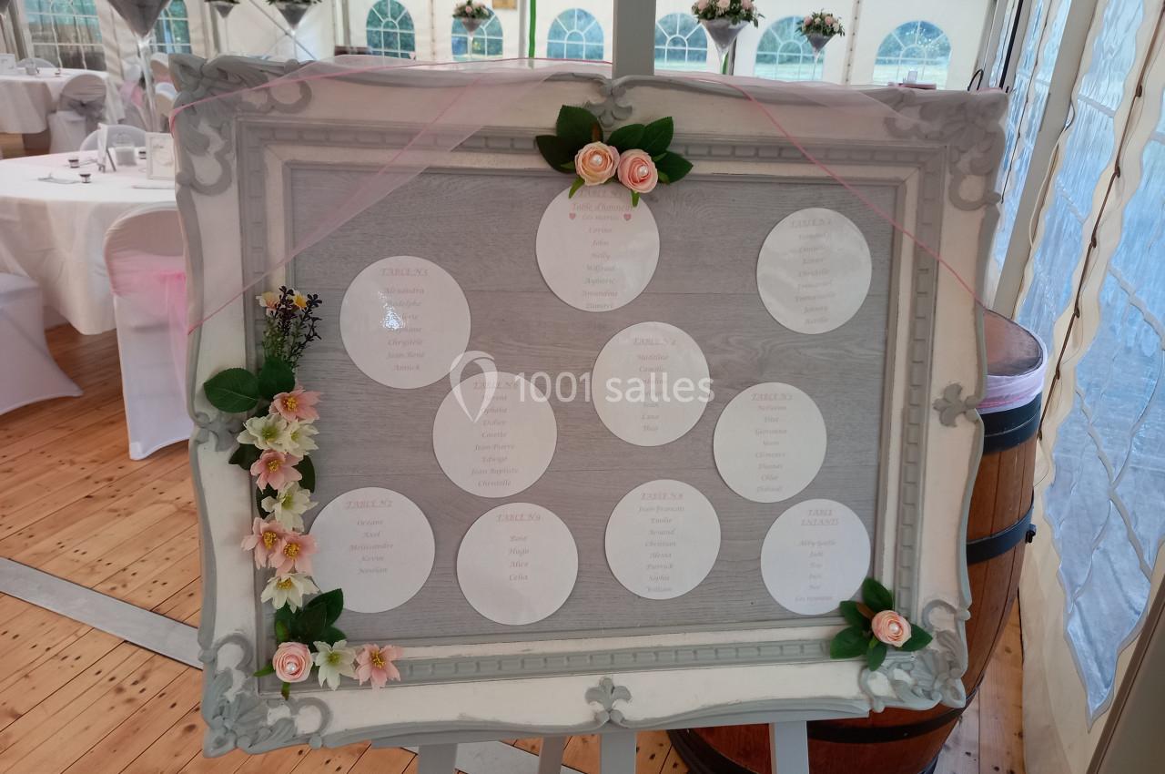 Plan de table de mariage décoré de fleurs roses et blanches, placé sur un chevalet dans une salle de réception.