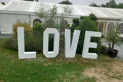 Deux balais déguisés en mariés avec robe et costume, posés devant une tente blanche et un cadre décoratif.