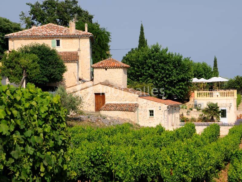 Bâtisse en pierre entourée de vignes et de végétation, avec une terrasse ombragée et un ciel dégagé.