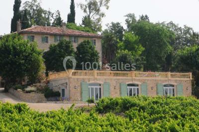 Champ de lavande au premier plan avec des vignes verdoyantes en arrière-plan et des collines à l'horizon.