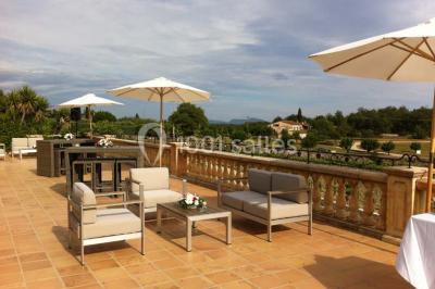 Champ de lavande au premier plan avec des vignes verdoyantes en arrière-plan et des collines à l'horizon.