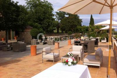 Champ de lavande au premier plan avec des vignes verdoyantes en arrière-plan et des collines à l'horizon.