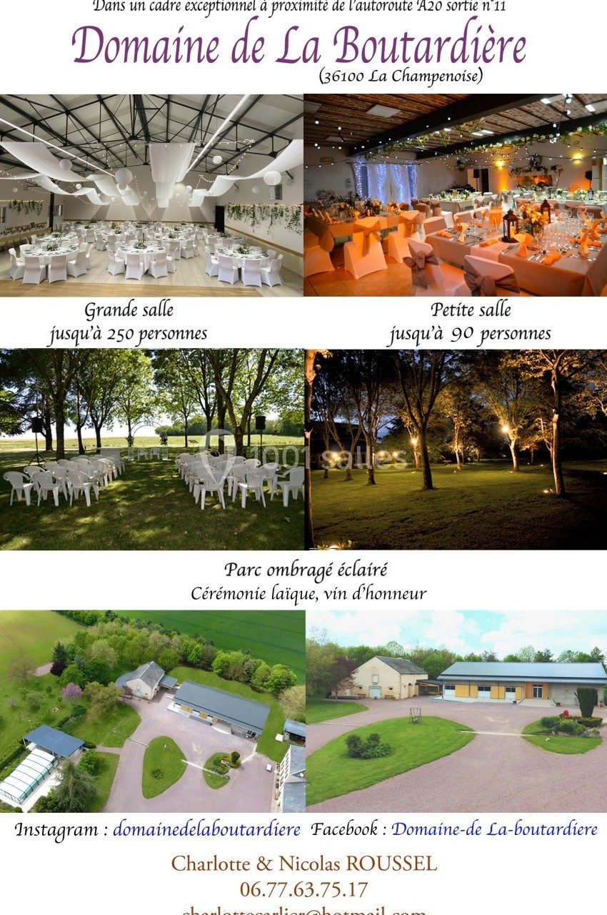 Image présentant le Domaine de La Boutardière avec salles de réception, parc arboré et coordonnées de contact.