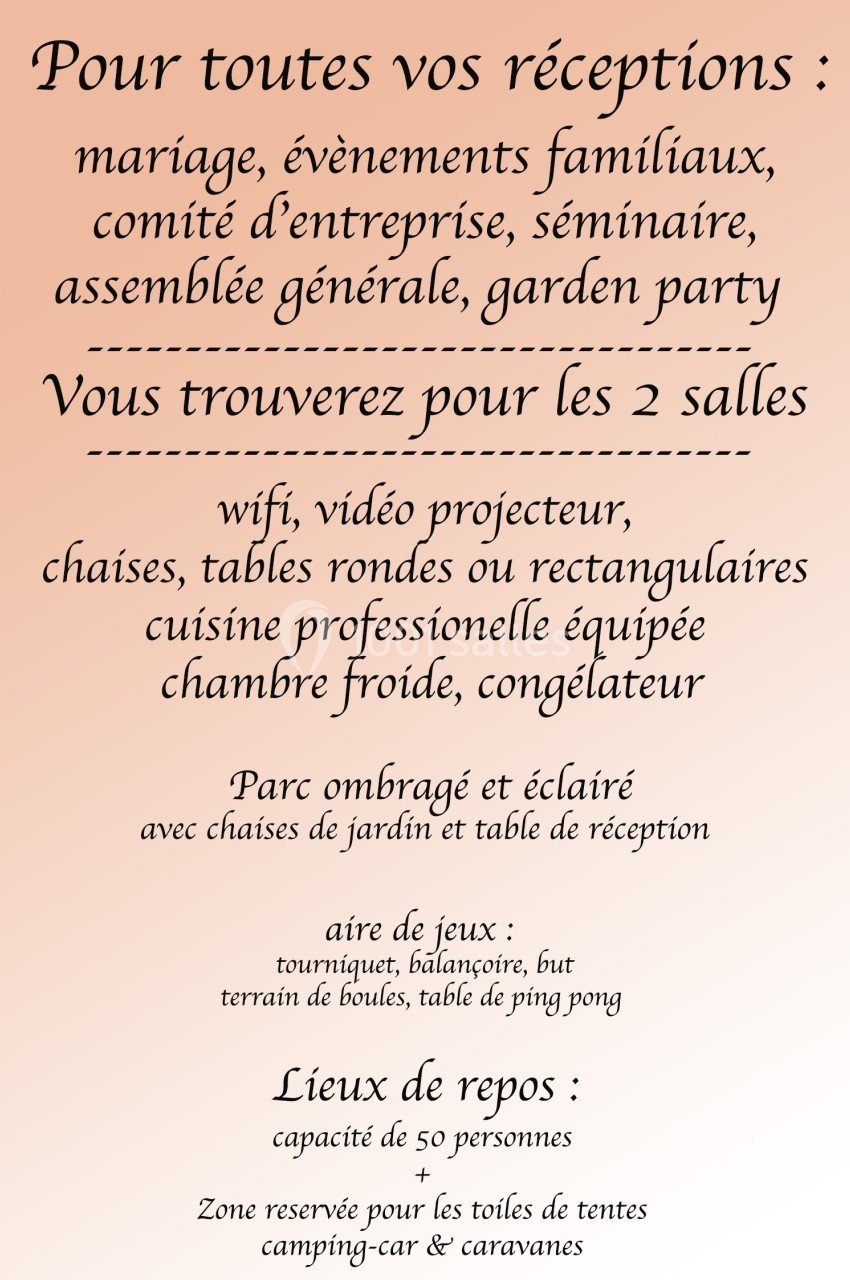 Affiche décrivant les services et équipements disponibles pour des réceptions dans deux salles avec espaces extérieurs.