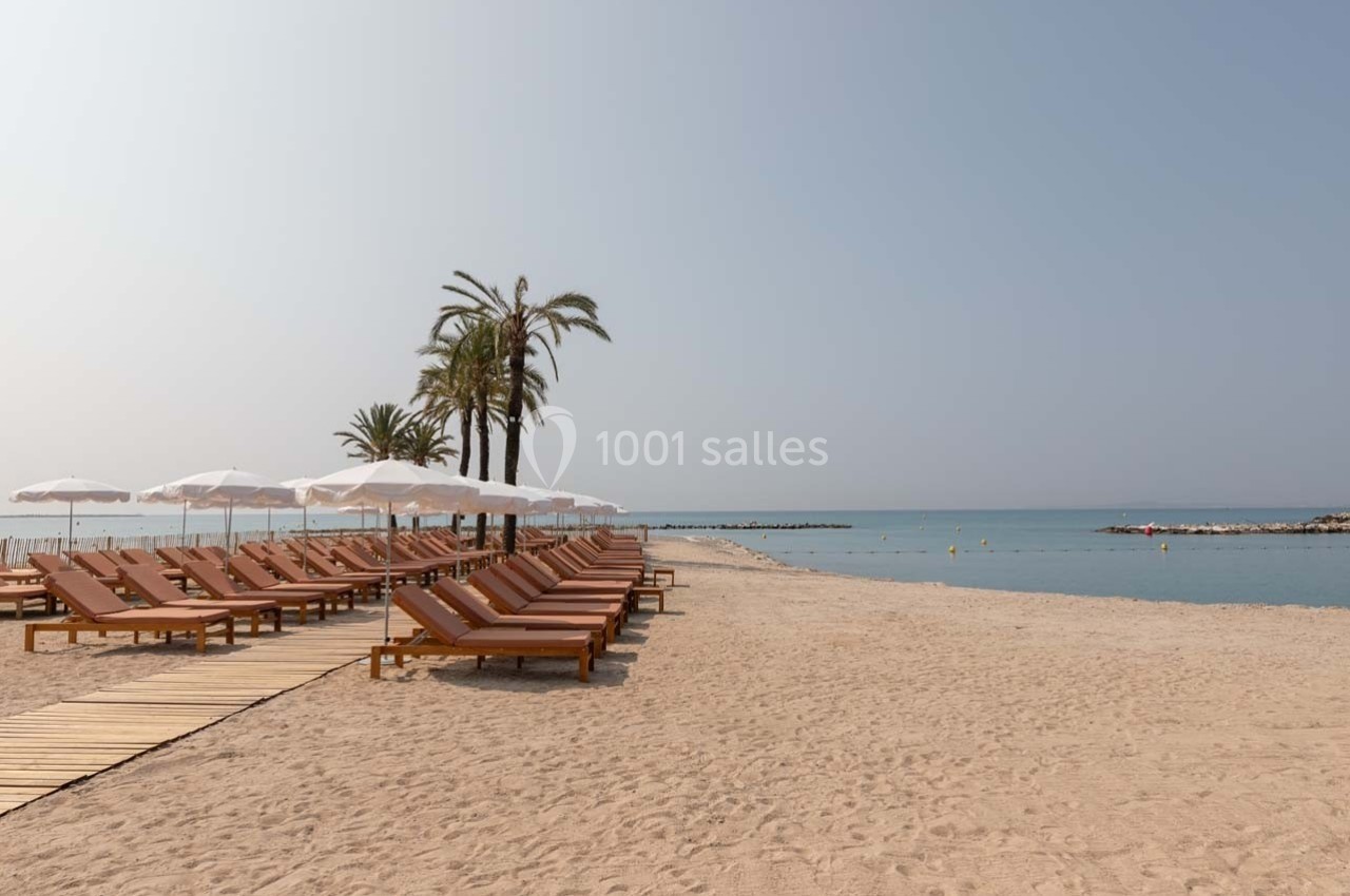 Chaises longues en bois alignées sur une plage de sable avec des parasols blancs, bordée par une mer calme.