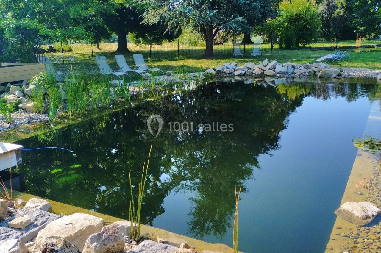 Étang naturel entouré de végétation, avec des chaises longues en arrière-plan et des pierres au premier plan.
