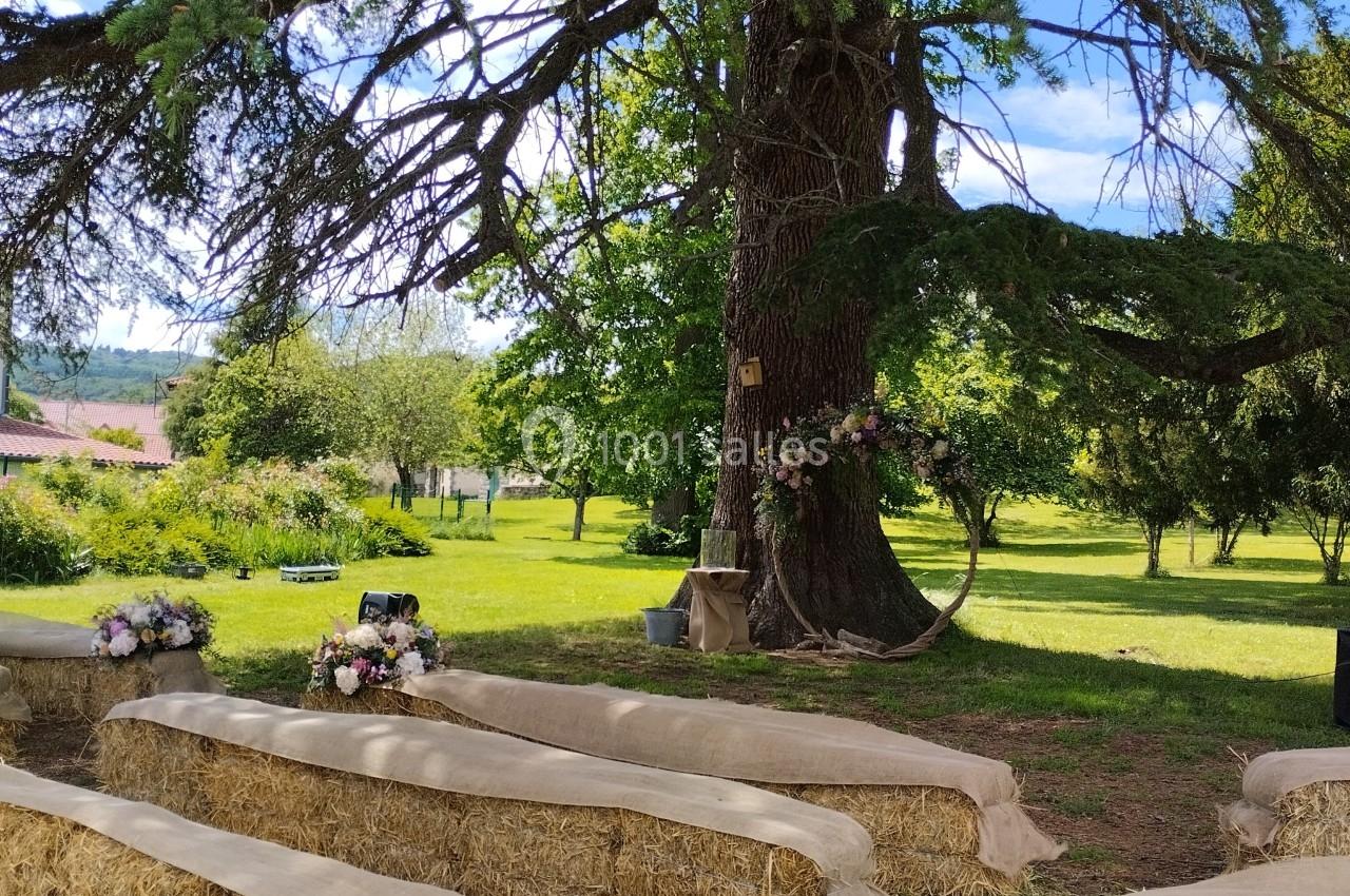 Bottes de paille recouvertes de tissu disposées en rangs sous un grand arbre pour une cérémonie en plein air.