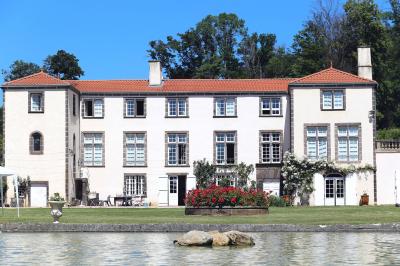 Étang naturel entouré de végétation, avec des chaises longues en arrière-plan et des pierres au premier plan.