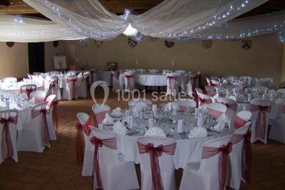 Étang naturel entouré de végétation, avec des chaises longues en arrière-plan et des pierres au premier plan.