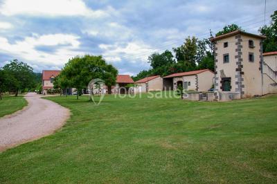 Étang naturel entouré de végétation, avec des chaises longues en arrière-plan et des pierres au premier plan.