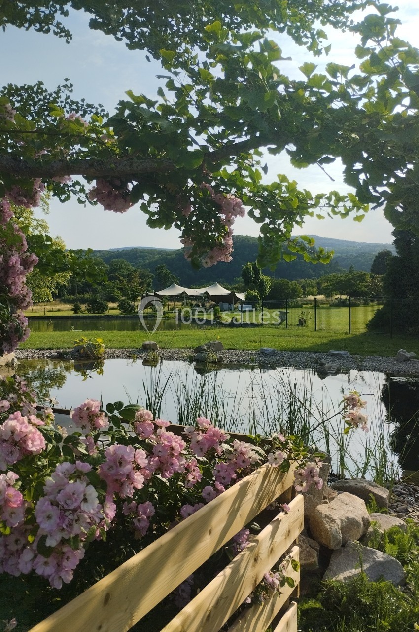 Vue d'un étang entouré de fleurs roses, avec des arbres et des collines verdoyantes en arrière-plan.