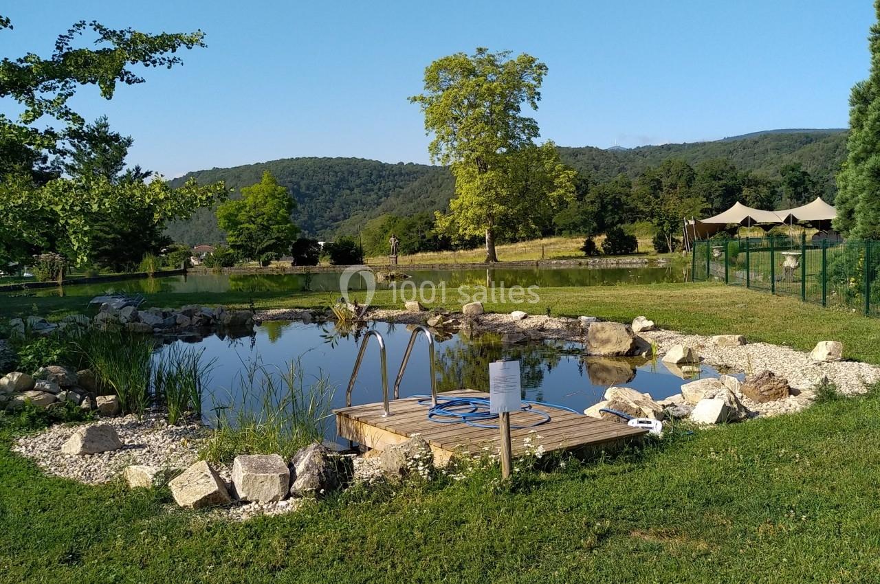 Étang entouré de pierres et de végétation, avec une petite passerelle en bois, dans un paysage de campagne verdoyant.