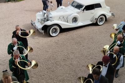 Champ de lotus en fleurs avec des feuilles vertes, des bourgeons et un étang en arrière-plan, entouré d'arbres.