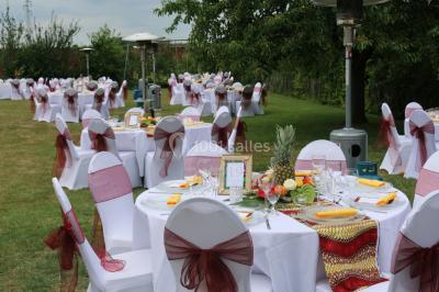 Table de réception décorée avec nappes blanches, serviettes vertes pliées, chaises ornées de nœuds verts et centre de table…