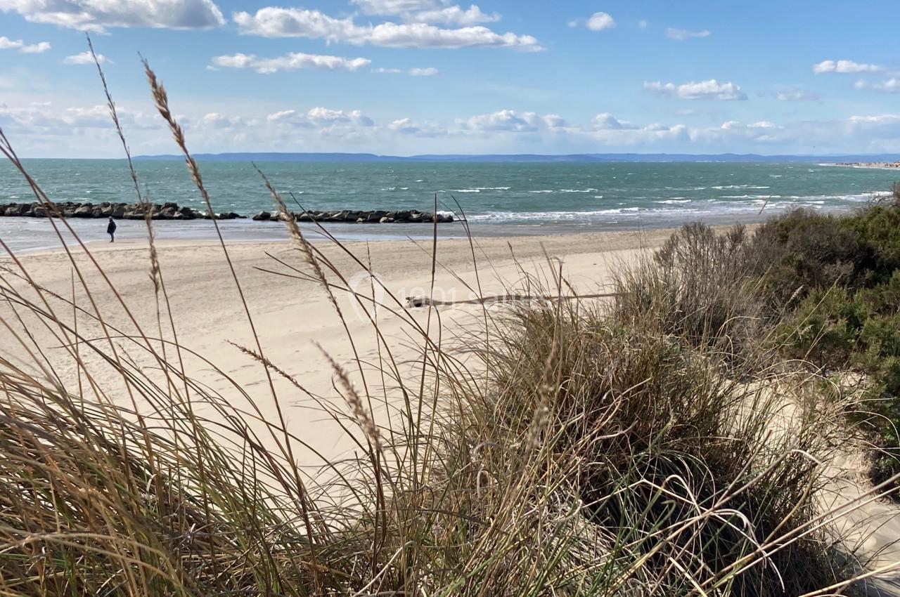 Plage de sable bordée de végétation, avec vue sur la mer et un ciel partiellement nuageux.