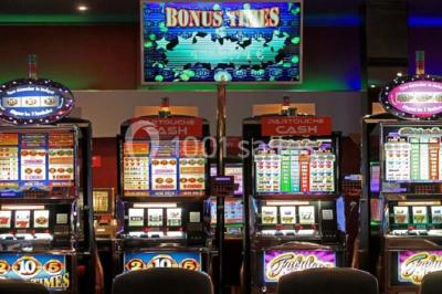 Salle avec un présentoir, des cartons empilés, une table haute décorée et un fond rouge marqué ’50 ans’.