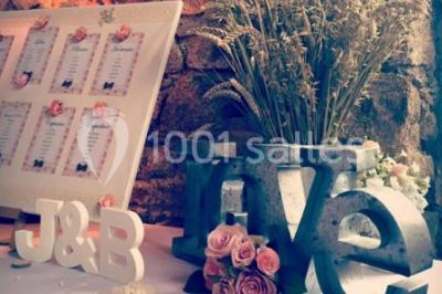 Paysage rural avec des arbres, des collines verdoyantes et une toiture en bois au premier plan sous une lumière douce.