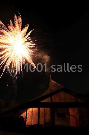 Feu d'artifice illuminant le ciel nocturne au-dessus d'un bâtiment au toit en chaume.