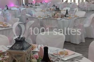 Décoration champêtre avec canapé, fauteuils, bottes de paille et guirlandes dans un jardin verdoyant.