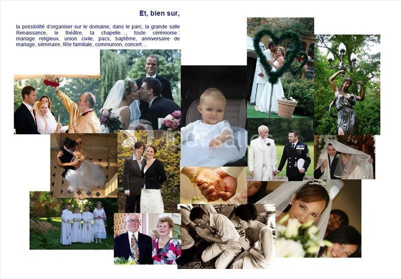 Montage d'images illustrant divers moments de célébrations, mariages et cérémonies dans des cadres variés.