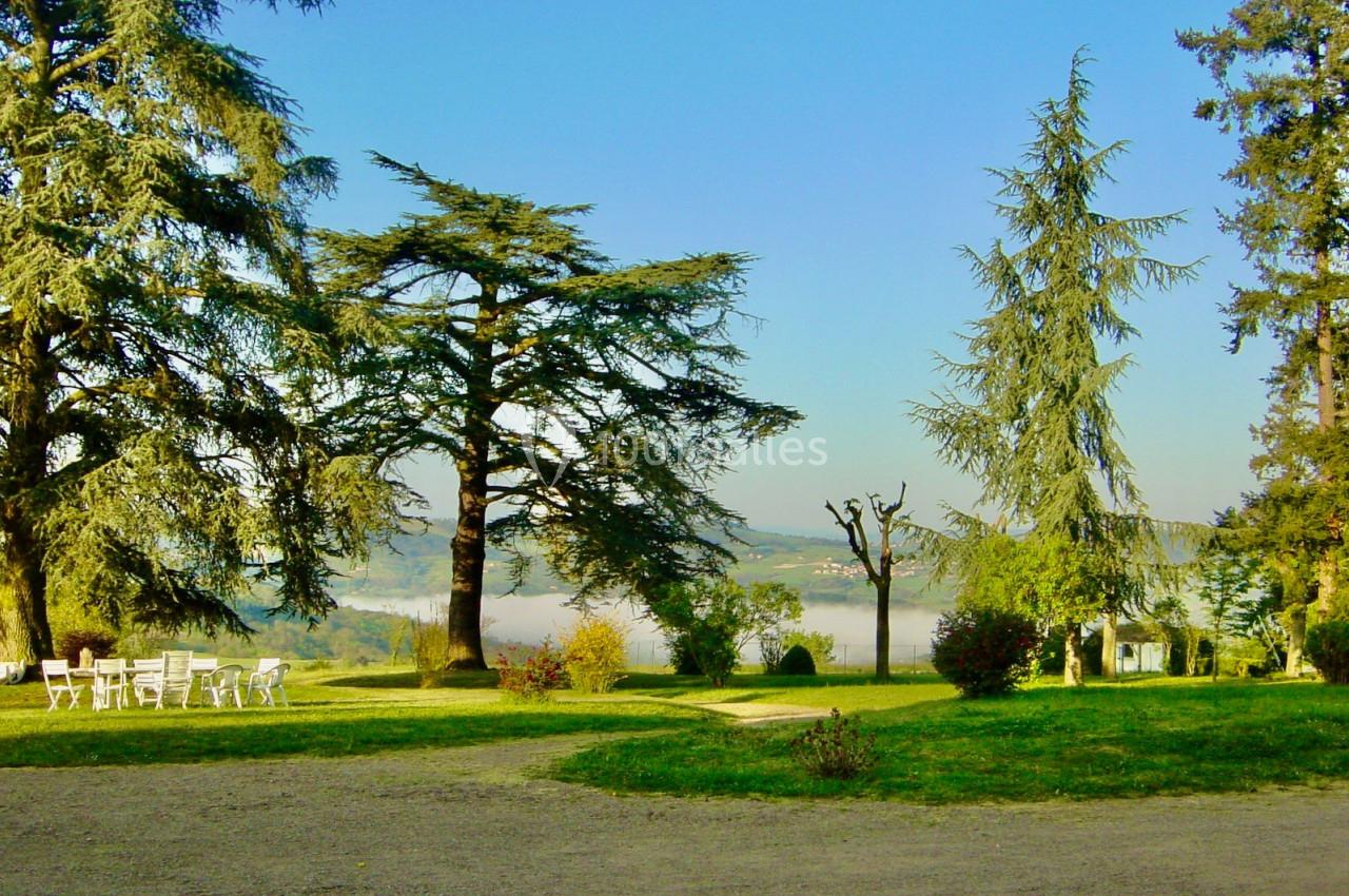 Jardin verdoyant avec des arbres imposants, des chaises blanches et une vue dégagée sur une vallée brumeuse.