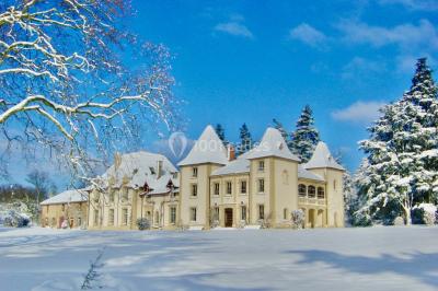Miniature Location salle Cordelle (Loire) - Domaine des Grands Cèdres #32 Vue depuis un balcon avec une rambarde en fer forgé sur un parc verdoyant, des arbres et des collines à l'horizon.