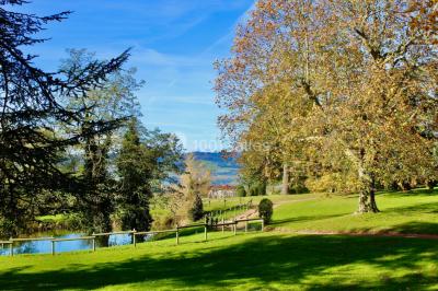 Miniature Location salle Cordelle (Loire) - Domaine des Grands Cèdres #9 Vue depuis un balcon avec une rambarde en fer forgé sur un parc verdoyant, des arbres et des collines à l'horizon.