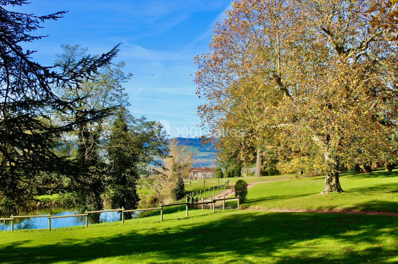 Paysage de parc avec pelouse verte, arbres aux feuilles automnales et un étang sous un ciel bleu clair.