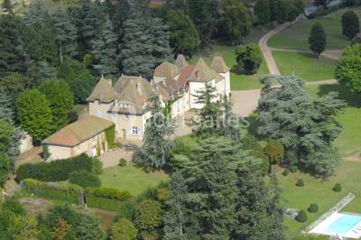 Miniature Location salle Cordelle (Loire) - Domaine des Grands Cèdres #19 Vue depuis un balcon avec une rambarde en fer forgé sur un parc verdoyant, des arbres et des collines à l'horizon.