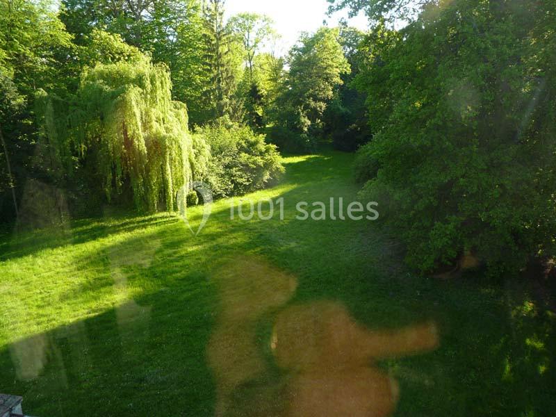 Vue d'un jardin verdoyant avec une pelouse, des arbres feuillus et un saule pleureur sous une lumière ensoleillée.