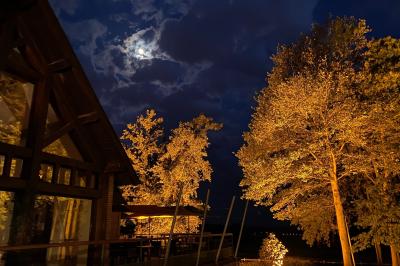 Maison en bois éclairée la nuit, entourée d'arbres illuminés, sous un ciel nuageux avec la lune visible.