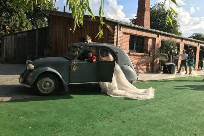 Un vélo ancien posé près de caisses en bois et d'objets décoratifs dans un jardin verdoyant.