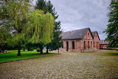 Un vélo ancien posé près de caisses en bois et d'objets décoratifs dans un jardin verdoyant.