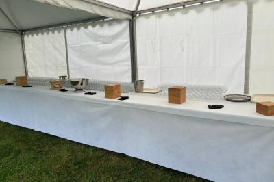 Table de buffet décorée de pampas, éclairée par des lumières violettes, avec plats et condiments disposés.