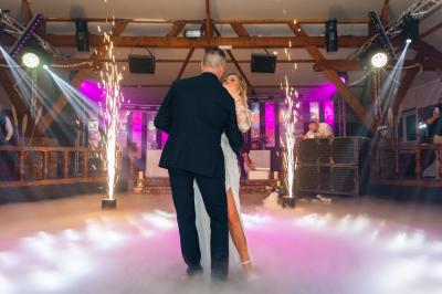 Table de buffet décorée de pampas, éclairée par des lumières violettes, avec plats et condiments disposés.