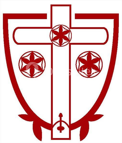 Blason rouge avec une croix centrale, deux étoiles à huit branches et des ornements en bas.
