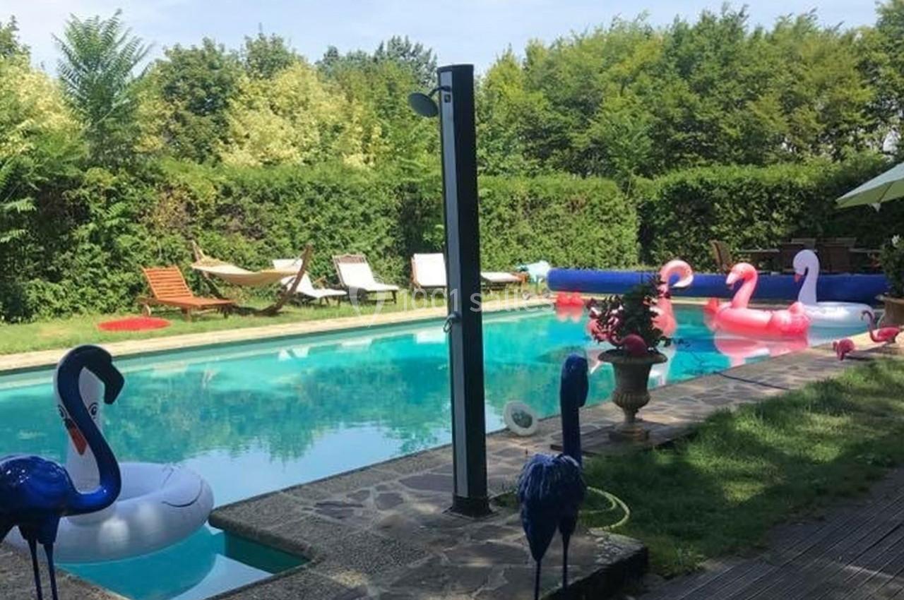 Piscine extérieure entourée de verdure, avec transats, hamacs et bouées en forme de flamants roses.