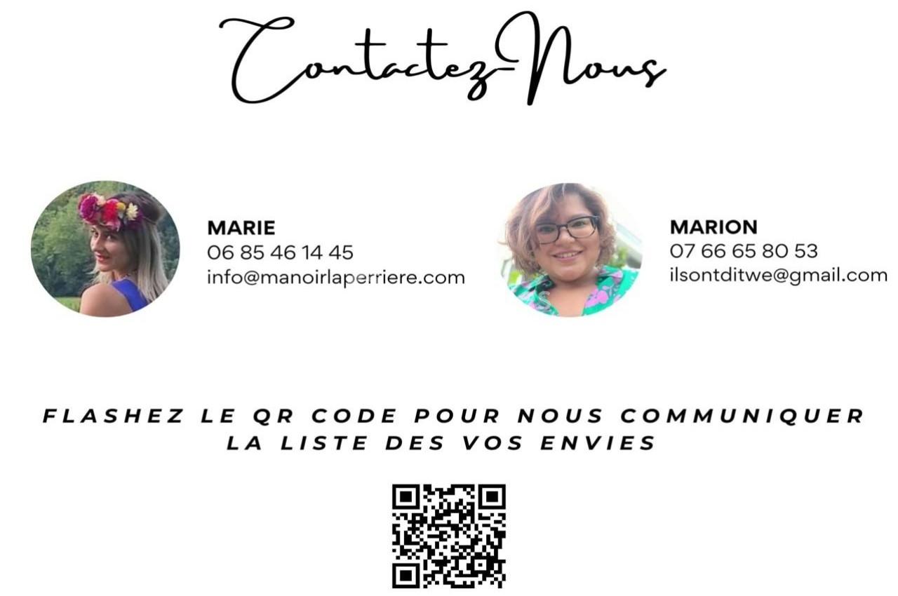 Portraits de deux femmes avec leurs coordonnées, accompagnés d'un QR code pour soumettre une liste de souhaits.