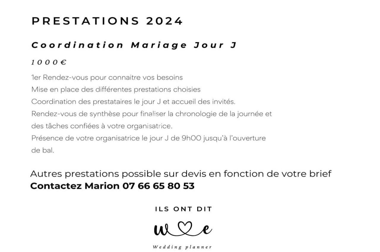 Texte alternatif : Document décrivant les prestations 2024 pour la coordination d'un mariage, avec tarifs et contact.