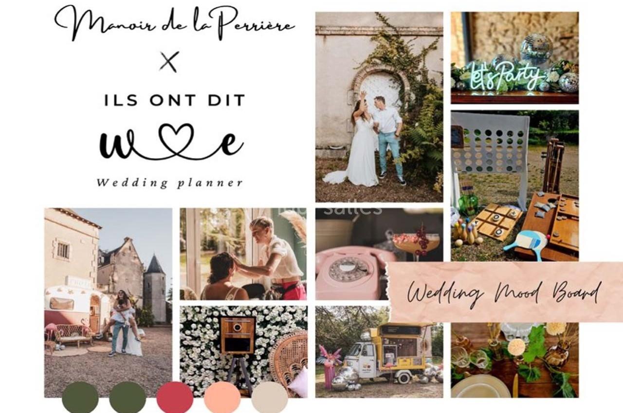 Montage d'images illustrant un mariage champêtre avec décorations, couple, food truck et ambiance festive en extérieur.