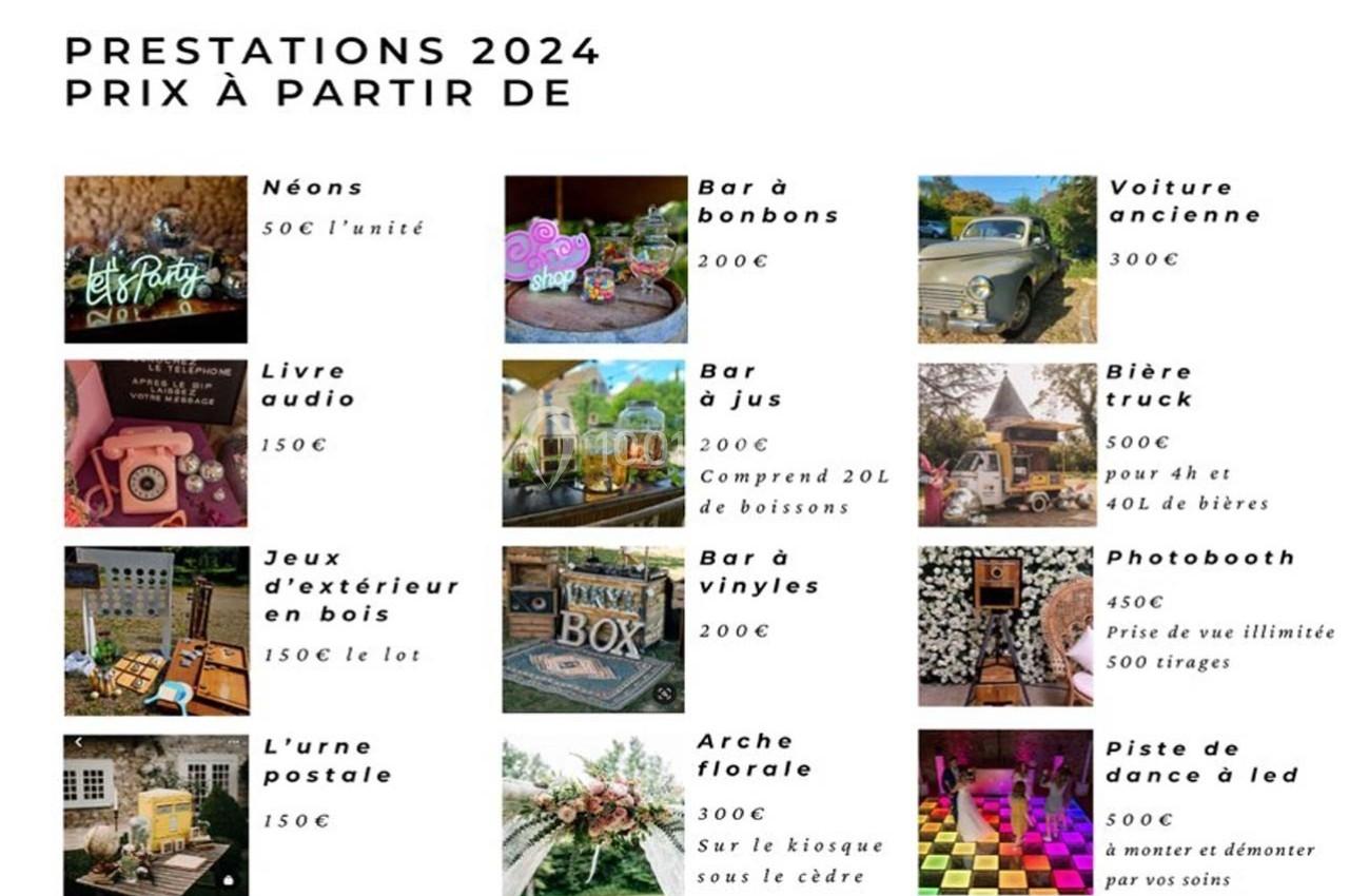 Tableau présentant des prestations événementielles pour 2024 avec photos, descriptions et prix de chaque service.