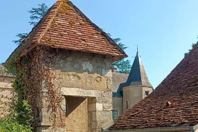 Façade d'une maison ancienne en pierre avec des fenêtres à petits carreaux, entourée de végétation.