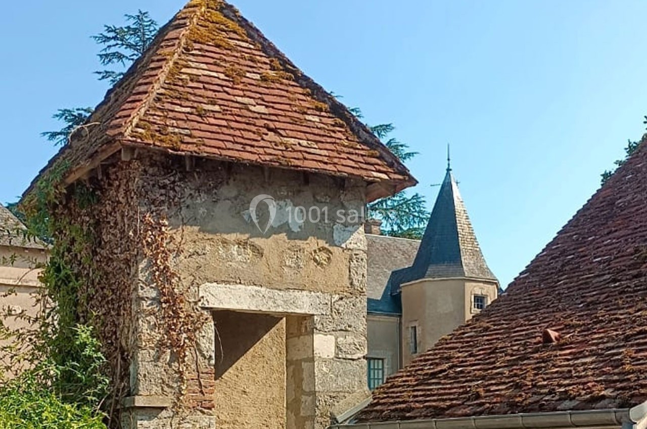 Vieille tour en pierre avec un toit en tuiles, partiellement recouverte de végétation, devant un bâtiment historique.
