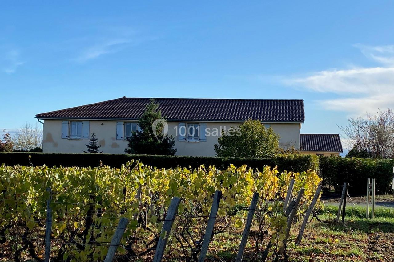 Maison avec toit en tuiles entourée de vignes et de haies sous un ciel bleu clair.