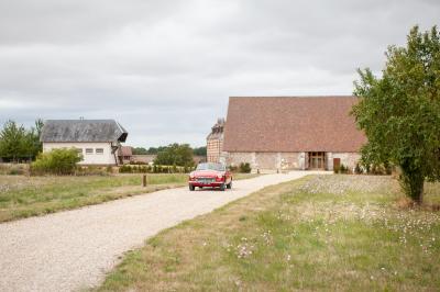 Chemin de gravier bordé d'herbe et d'arbres, avec des voitures garées en arrière-plan sous un ciel nuageux.