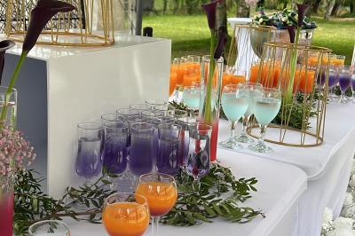 Buffet en plein air avec une variété de plats et boissons, installé sous une tente lors d'un événement convivial.