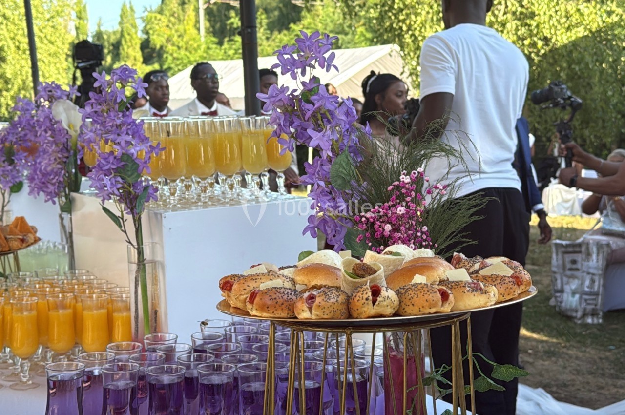 Table garnie de boissons colorées, fleurs et amuse-bouches, avec des invités discutant en arrière-plan dans un jardin.